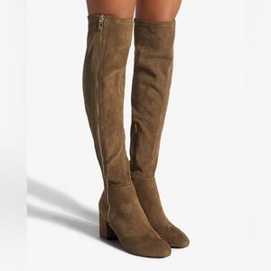 Olive Green thigh-high suede heeled boots